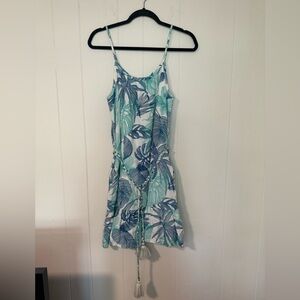 Tori Richard Teal & Blue Palm-Print linen blend Dress